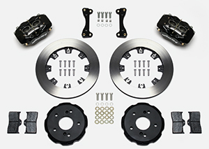 Wilwood Forged Dynalite Big Brake Front Brake Kit (Hat) Parts Laid Out - Black Powder Coat Caliper - Plain Face Rotor