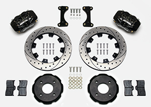 Wilwood Forged Dynalite Big Brake Front Brake Kit (Hat) Parts Laid Out - Black Powder Coat Caliper - SRP Drilled & Slotted Rotor