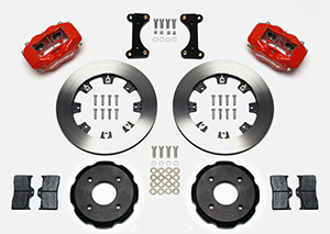 Wilwood Forged Dynalite Big Brake Front Brake Kit (Hat) Parts Laid Out - Red Powder Coat Caliper - Plain Face Rotor