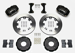 Wilwood Forged Dynalite Big Brake Front Brake Kit (Hat) Parts Laid Out - Black Powder Coat Caliper - Plain Face Rotor