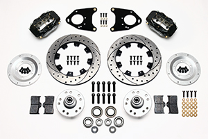 Wilwood Forged Dynalite Big Brake Front Brake Kit (Hub) Parts Laid Out - Black Powder Coat Caliper - SRP Drilled & Slotted Rotor