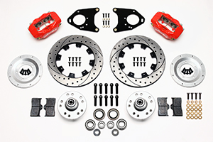 Wilwood Forged Dynalite Big Brake Front Brake Kit (Hub) Parts Laid Out - Red Powder Coat Caliper - SRP Drilled & Slotted Rotor