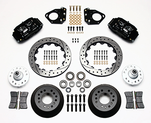 Wilwood Superlite 6 Big Brake Front Brake Kit (Hub) Parts Laid Out - Black Powder Coat Caliper - SRP Drilled & Slotted Rotor