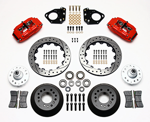 Wilwood Superlite 6 Big Brake Front Brake Kit (Hub) Parts Laid Out - Red Powder Coat Caliper - GT Slotted Rotor