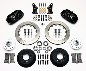 Wilwood Superlite 6 Big Brake Front Brake Kit (Hub) Parts Laid Out - Black Powder Coat Caliper - GT Slotted Rotor