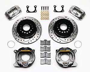 Wilwood Forged Dynalite Rear Parking Brake Kit Parts Laid Out - Polish Caliper - SRP Drilled & Slotted Rotor