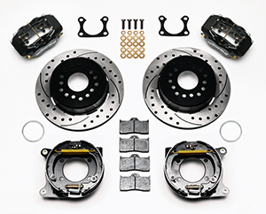 Wilwood Forged Dynalite Rear Parking Brake Kit Parts Laid Out - Black Powder Coat Caliper - SRP Drilled & Slotted Rotor