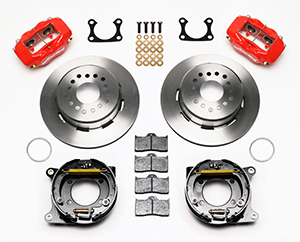 Wilwood Forged Dynalite Rear Parking Brake Kit Parts Laid Out - Red Powder Coat Caliper - Plain Face Rotor