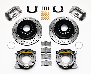 Wilwood Forged Dynalite Rear Parking Brake Kit Parts Laid Out - Polish Caliper - SRP Drilled & Slotted Rotor