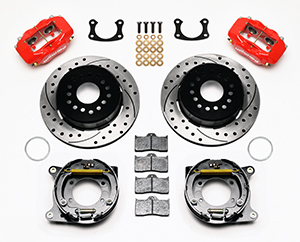 Wilwood Forged Dynalite Rear Parking Brake Kit Parts Laid Out - Red Powder Coat Caliper - SRP Drilled & Slotted Rotor