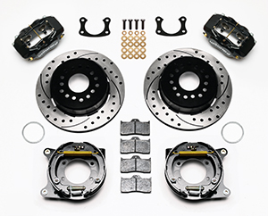 Wilwood Forged Dynalite Rear Parking Brake Kit Parts Laid Out - Black Powder Coat Caliper - SRP Drilled & Slotted Rotor