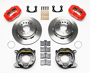 Wilwood Forged Dynalite Rear Parking Brake Kit Parts Laid Out - Red Powder Coat Caliper - Plain Face Rotor