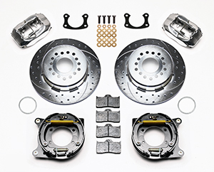 Wilwood Forged Dynalite Rear Parking Brake Kit Parts Laid Out - Polish Caliper - SRP Drilled & Slotted Rotor