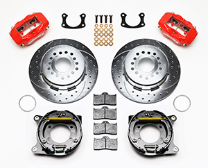 Wilwood Forged Dynalite Rear Parking Brake Kit Parts Laid Out - Red Powder Coat Caliper - SRP Drilled & Slotted Rotor