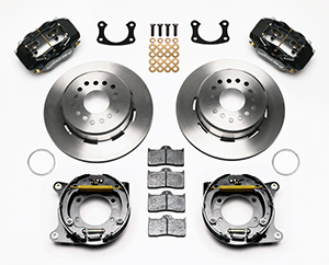 Wilwood Forged Dynalite Rear Parking Brake Kit Parts Laid Out - Black Powder Coat Caliper - Plain Face Rotor