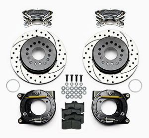 Wilwood Forged Dynalite Rear Parking Brake Kit Parts Laid Out - Polish Caliper - SRP Drilled & Slotted Rotor