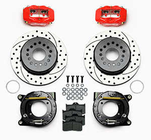 Wilwood Forged Dynalite Rear Parking Brake Kit Parts Laid Out - Red Powder Coat Caliper - SRP Drilled & Slotted Rotor