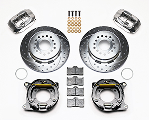 Wilwood Forged Dynalite Rear Parking Brake Kit Parts Laid Out - Polish Caliper - SRP Drilled & Slotted Rotor