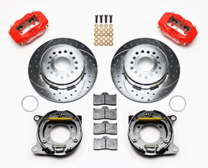 Wilwood Forged Dynalite Rear Parking Brake Kit Parts Laid Out - Red Powder Coat Caliper - SRP Drilled & Slotted Rotor