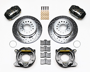 Wilwood Forged Dynalite Rear Parking Brake Kit Parts Laid Out - Black Powder Coat Caliper - SRP Drilled & Slotted Rotor