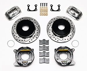 Wilwood Forged Dynalite Rear Parking Brake Kit Parts Laid Out - Polish Caliper - SRP Drilled & Slotted Rotor