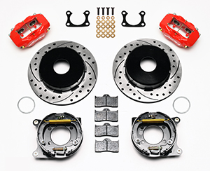 Wilwood Forged Dynalite Rear Parking Brake Kit Parts Laid Out - Red Powder Coat Caliper - SRP Drilled & Slotted Rotor