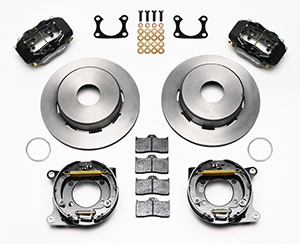 Wilwood Forged Dynalite Rear Parking Brake Kit Parts Laid Out - Black Powder Coat Caliper - Plain Face Rotor