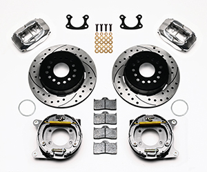 Wilwood Forged Dynalite Rear Parking Brake Kit Parts Laid Out - Polish Caliper - SRP Drilled & Slotted Rotor