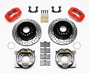 Wilwood Forged Dynalite Rear Parking Brake Kit Parts Laid Out - Red Powder Coat Caliper - SRP Drilled & Slotted Rotor