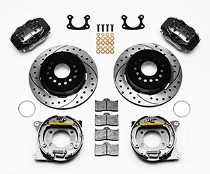 Wilwood Forged Dynalite Rear Parking Brake Kit Parts Laid Out - Black Powder Coat Caliper - SRP Drilled & Slotted Rotor