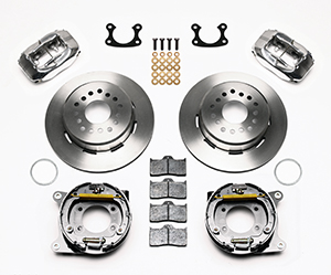 Wilwood Forged Dynalite Rear Parking Brake Kit Parts Laid Out - Polish Caliper - Plain Face Rotor