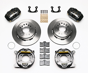 Wilwood Forged Dynalite Rear Parking Brake Kit Parts Laid Out - Black Powder Coat Caliper - Plain Face Rotor