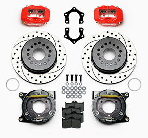 Wilwood Forged Dynalite Rear Parking Brake Kit Parts Laid Out - Red Powder Coat Caliper - SRP Drilled & Slotted Rotor