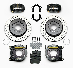 Wilwood Forged Dynalite Rear Parking Brake Kit Parts Laid Out - Black Powder Coat Caliper - SRP Drilled & Slotted Rotor