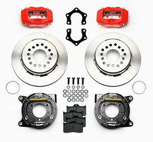 Wilwood Forged Dynalite Rear Parking Brake Kit Parts Laid Out - Red Powder Coat Caliper - Plain Face Rotor