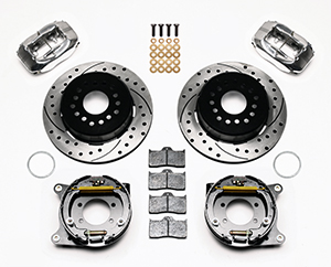 Wilwood Forged Dynalite Rear Parking Brake Kit Parts Laid Out - Polish Caliper - SRP Drilled & Slotted Rotor