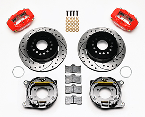 Wilwood Forged Dynalite Rear Parking Brake Kit Parts Laid Out - Red Powder Coat Caliper - SRP Drilled & Slotted Rotor