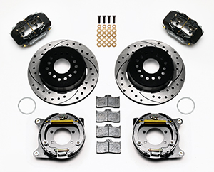 Wilwood Forged Dynalite Rear Parking Brake Kit Parts Laid Out - Black Powder Coat Caliper - SRP Drilled & Slotted Rotor