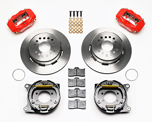 Wilwood Forged Dynalite Rear Parking Brake Kit Parts Laid Out - Red Powder Coat Caliper - Plain Face Rotor