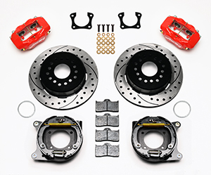 Wilwood Forged Dynalite Rear Parking Brake Kit Parts Laid Out - Red Powder Coat Caliper - SRP Drilled & Slotted Rotor