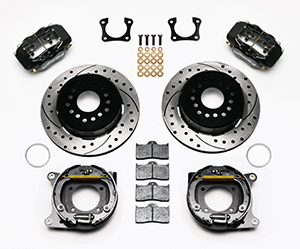 Wilwood Forged Dynalite Rear Parking Brake Kit Parts Laid Out - Black Powder Coat Caliper - SRP Drilled & Slotted Rotor