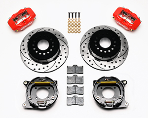 Wilwood Forged Dynalite Rear Parking Brake Kit Parts Laid Out - Red Powder Coat Caliper - SRP Drilled & Slotted Rotor