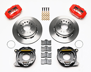 Wilwood Forged Dynalite Rear Parking Brake Kit Parts Laid Out - Red Powder Coat Caliper - Plain Face Rotor