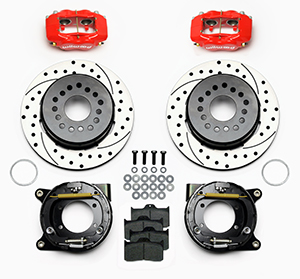 Wilwood Forged Dynalite Rear Parking Brake Kit Parts Laid Out - Red Powder Coat Caliper - SRP Drilled & Slotted Rotor