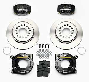 Wilwood Forged Dynalite Rear Parking Brake Kit Parts Laid Out - Black Powder Coat Caliper - Plain Face Rotor