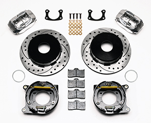 Wilwood Forged Dynalite Rear Parking Brake Kit Parts Laid Out - Polish Caliper - SRP Drilled & Slotted Rotor