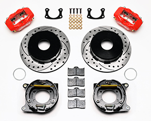 Wilwood Forged Dynalite Rear Parking Brake Kit Parts Laid Out - Red Powder Coat Caliper - SRP Drilled & Slotted Rotor