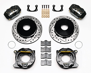 Wilwood Forged Dynalite Rear Parking Brake Kit Parts Laid Out - Black Powder Coat Caliper - SRP Drilled & Slotted Rotor