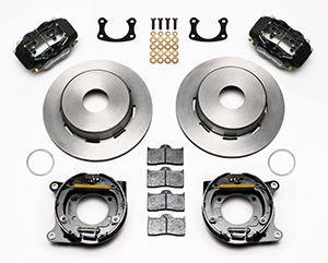 Wilwood Forged Dynalite Rear Parking Brake Kit Parts Laid Out - Black Powder Coat Caliper - Plain Face Rotor