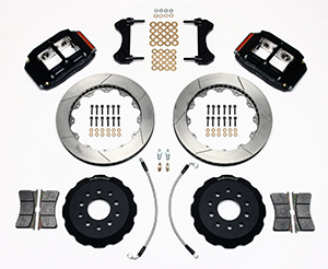 Wilwood Superlite 6R Big Brake Front Brake Kit (Race) Parts Laid Out - Black Anodize Caliper - GT Slotted Rotor